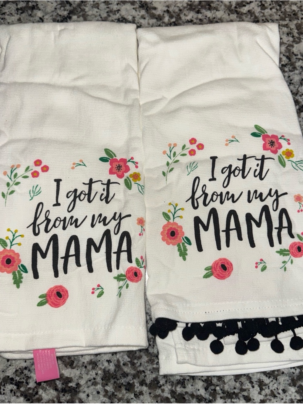 Isaac Mizrahi White Kitchen Towels with Pink Floral "I got it from my MAMA"